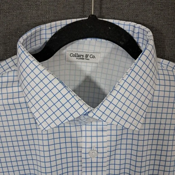 Collars & Co Mens Semi Spread Collar Polo Shirt XL Tall Thin Navy Check Office - Picture 8 of 15